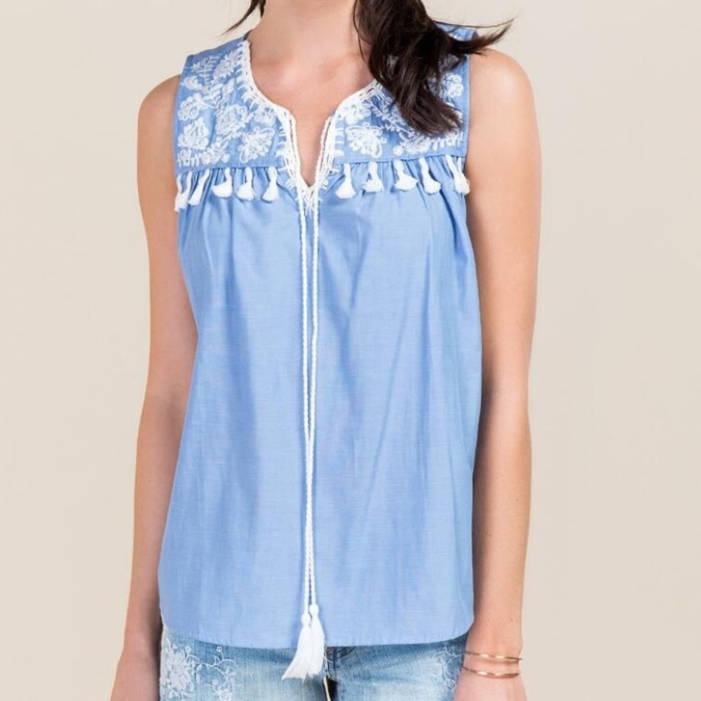 Like New Carmela Embroidered Tassel Top